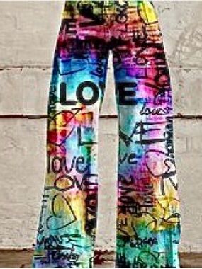 Colorful Hippie Graffiti Print Bell Bottom Pants. Size L. NWT.